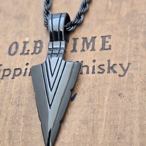 Black Stainless Steel Arrowhead Pendant and Rope Chain Necklace - Picture 5 of 7